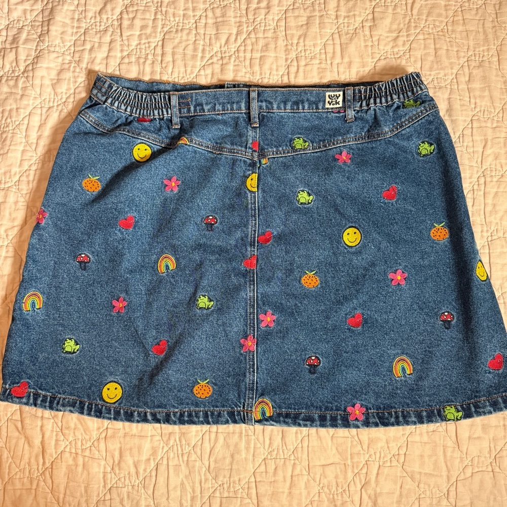 Lucy & Yak Blair Mini Skirt Blue Organic Denim Chrissy Embroiderey Y2K Smiley - Picture 3 of 4